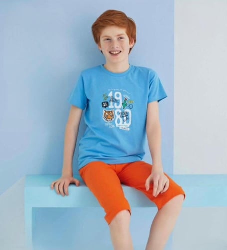 بيجامة برمودا ولادي من قطعتين برسومات حيوانات كرتو...