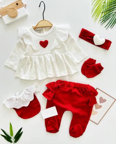 طقم مواليد بناتي من خمس قطع باللون الاحمر والابيض