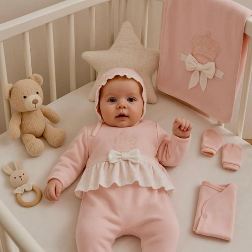 طقم بناتي 10 قطع تطريز تاج ملكي أبيض وفيونكات بيضا...