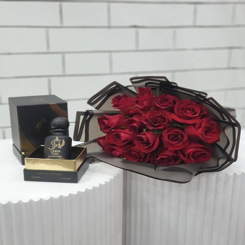 باقة 15 وردة مع عطر لين Bouquet of 15 roses with l...