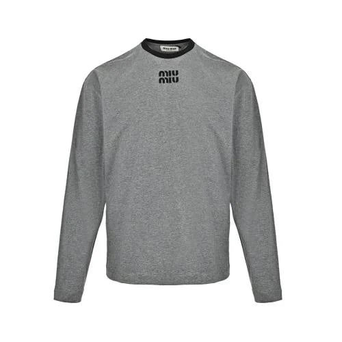 Miu Miu Long-Sleeved Cotton Jersey T-Shirt Grey