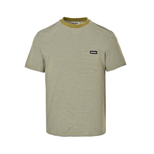Miu Miu Striped Cotton T-Shirt Olive Green / White