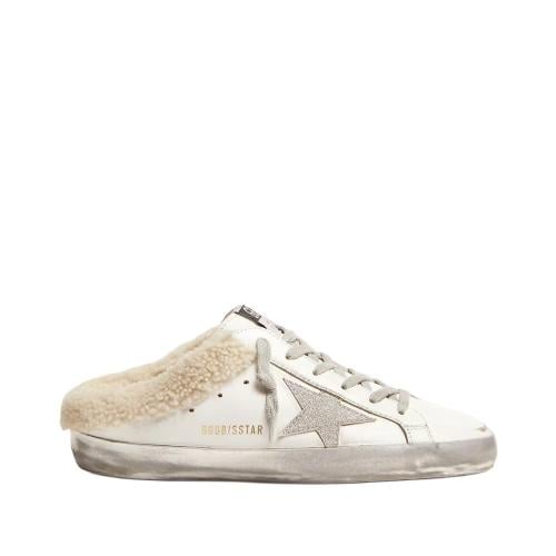 Super-Star Sabots in white leather with shearling...