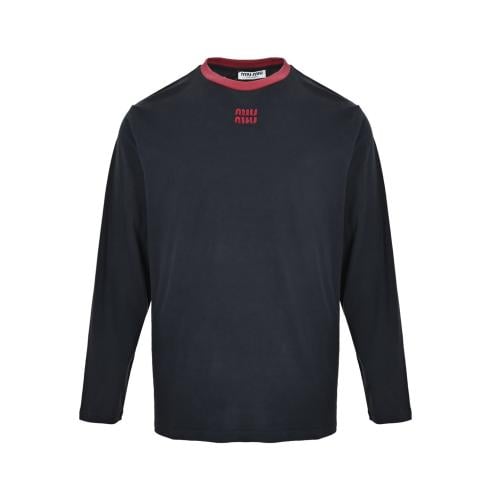 Miu Miu Long-Sleeved Cotton Jersey T-Shirt Blue