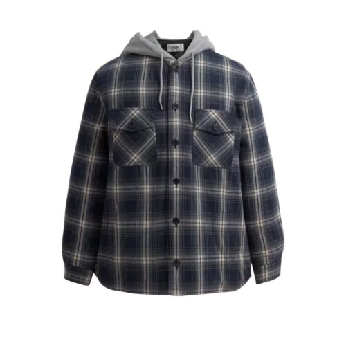 Celine Hooded Checked Cotton Overshirt Navy Blue