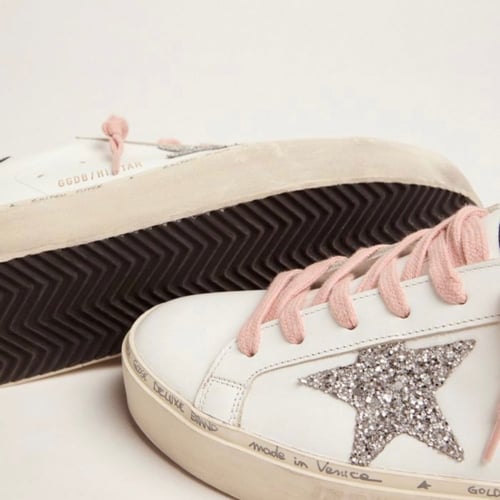 White Hi-Star sneakers with glittery star and pink...
