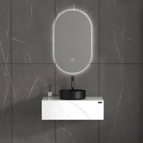 مغسلة مقاس 60 - 80 رخام صناعي ابيض مع مرايا ليد