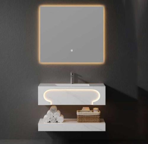 مغسلة رخام فاخرة لون ابيض مزخرف رمادي ليد 100 سم