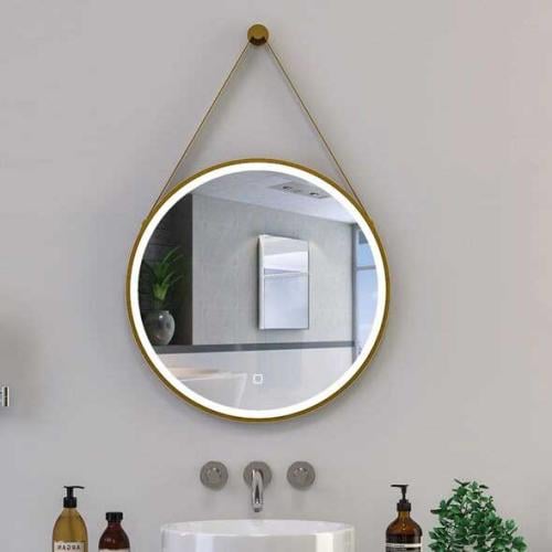 مرآة حمام دائرية معلّقة بإطار ذهبي وإضاءة LED