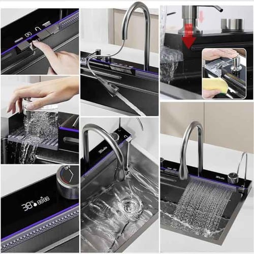 مجلى حوض مطبخ ستانلس ستيل شلال بيانو مودرن- كروم