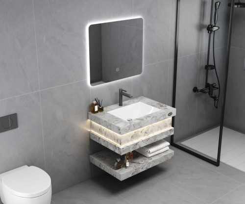 مغسلة رخام رمادي مودرن حوض ليزر رف مضيئ- مقاسات مت...