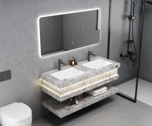 مغسلة بورسلان رمادي مودرن حوضين ليزر رف مضيئ - 140...