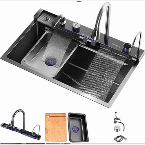 مجلى حوض مطبخ ستانلس ستيل شلال بيانو مودرن- كروم