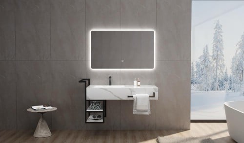 مغسلة رخام ابيض على رمادي فاخرة مع ارفف سوداء - مق...