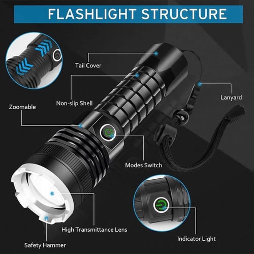 كشاف يدوي P50 قابل للشحن بإضاءة LED قوية ومدى 1000...