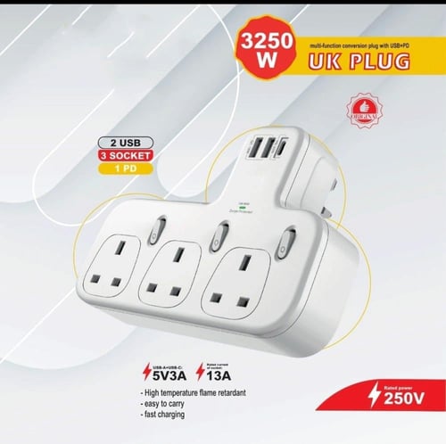 قسام كهرباء بـ 3 منافذ ثلاثية ومنفذين USB ومنفذ PD...