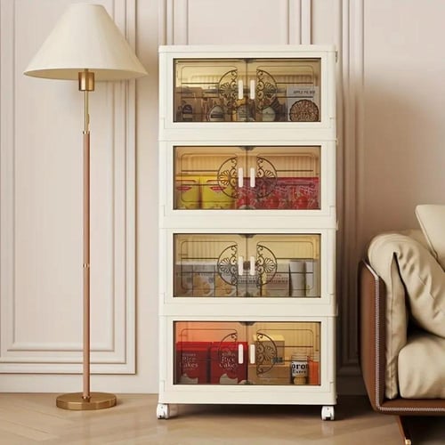 صندوق تخزين بلاستيكي قابل للطي 4 طبقات مع عجلات وأ...