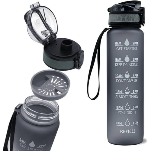 زجاجة ماء بسعة 1 لتر مع مؤشرات زمنية وتحفيزية.