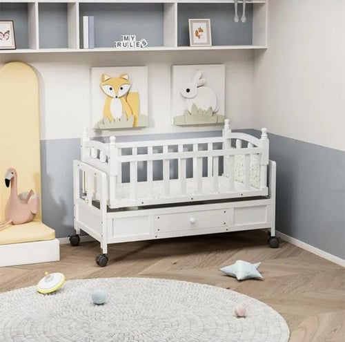 سرير أطفال مع خزانة وعجلات (90 × 45 سم) - أبيض