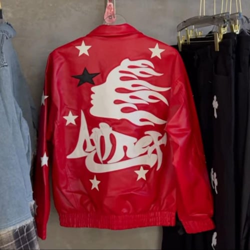 Hellstar's red bomber jacket is decorated with a b...