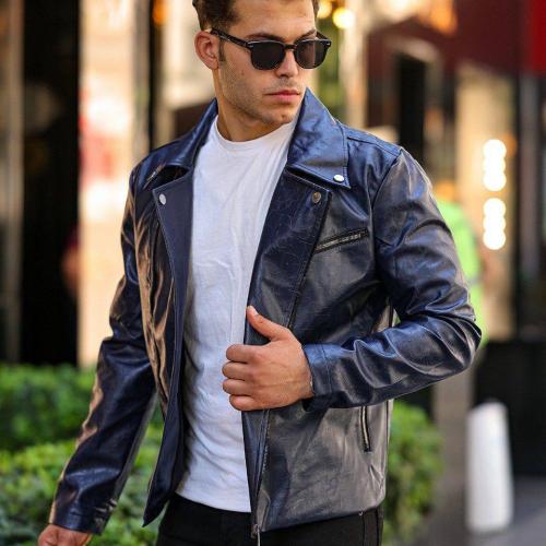 جاكيت كحلي جلد منقوش بشعارات لويس فيتون