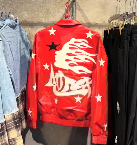 Hellstar's red bomber jacket is decorated with a b...