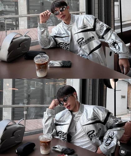 Hellstar's red bomber jacket is decorated with a b...