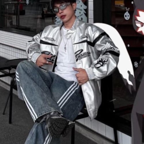 Hellstar's red bomber jacket is decorated with a b...