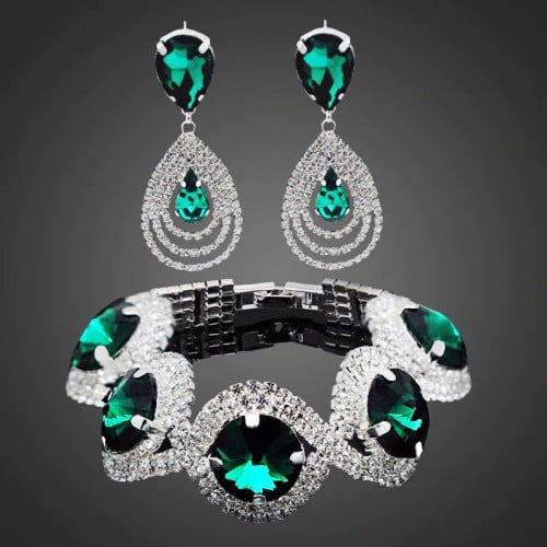 طقم مجوهرات مطلي فضة بحجر الكريستال لون اخضر