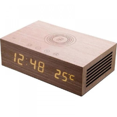 هوم تايم مكبر صوت بلوتوث و منبه وشاحن لاسلكي خشبي...