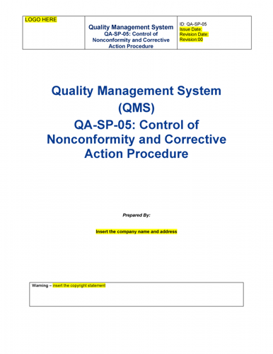 ISO 9001 Kit - Control of Non-Confirmatory