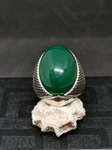خاتم الفضة بحجر عقيق خرساني ايراني أخضر بصياغة الأ...