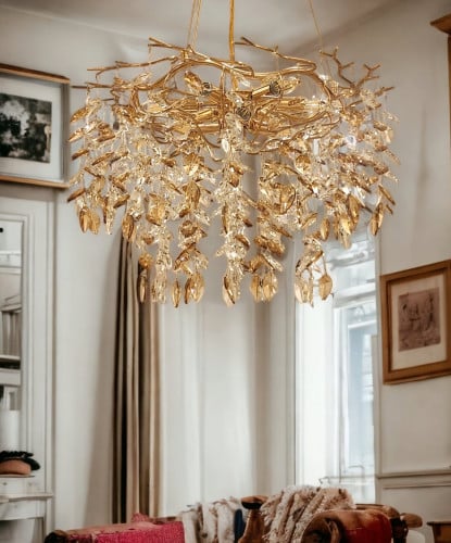 ثريا كريستال عناقيد ورق شجر شفاف + عسلي 4040/800