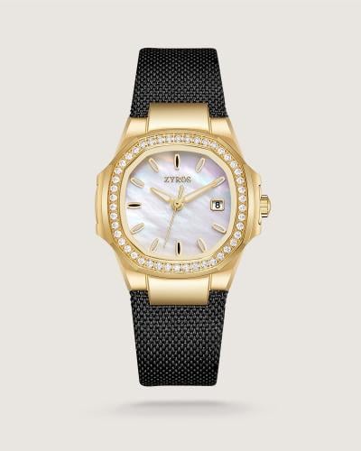 ساعة نيرفا النسائية تجمع الجلد والقماش بلون أسود