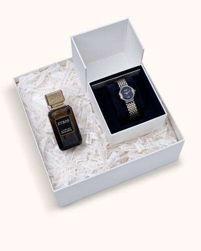 طقم نسائي ساعة بلون فضي وعطر فاخر