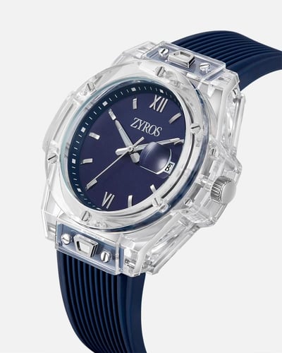 ساعة رجالية شفافة بسير ربل بلون أزرق