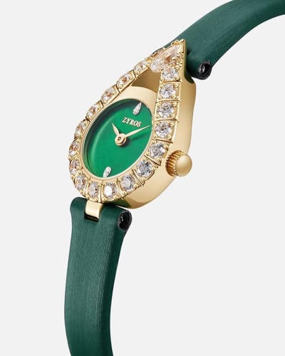 ‎ ساعة لطافة بسير رفيع من الجلد باللون الأخضر