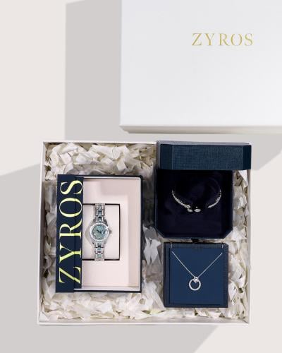 هدية نسائية بلون فضي ساعة مع طقم اكسسوار