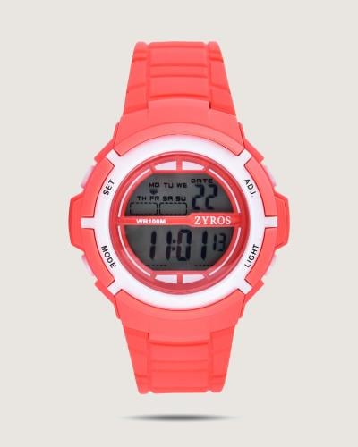 ‎ ساعة نسائية بتصميم عصري بلون وردي.