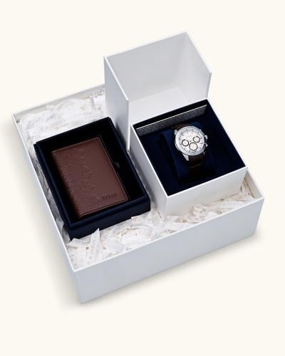 هدية رجالية من ساعة ومحفظة بلون بني