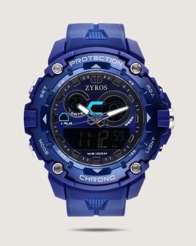 ‎ ساعة رجالية بسير من الربل بلون أزرق.