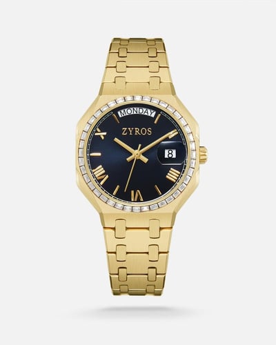 طقم من ساعة بلون ذهبي وطقم زركون