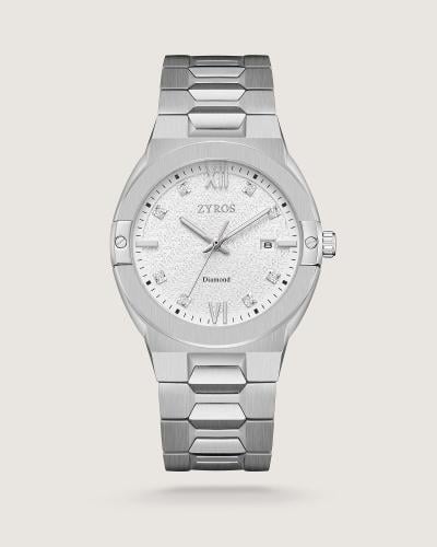 ساعة صهيب الرجالية بفصوص ألماس بلون فضي