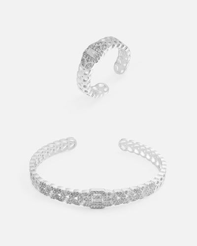 طقم اسوارة وخاتم جذاب بلون فضي