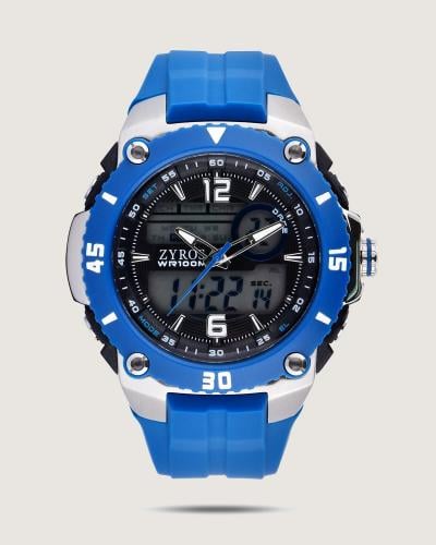 ‎ ساعة رجالية بسير من الربل بلون أزرق.