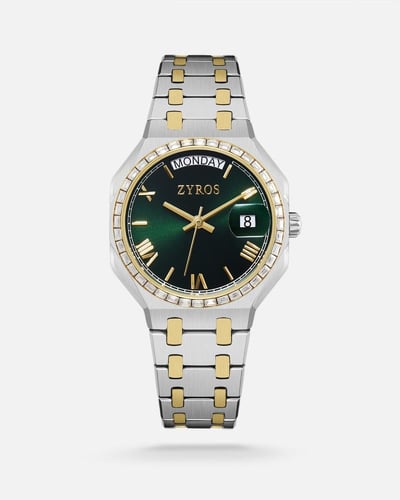 طقم ساعة بلون ذهبي وفضي وطقم زركون