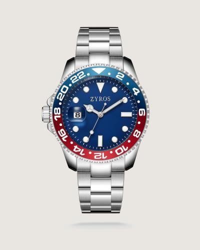 ساعة فَجر الرجالية ستيل لون فضي بإطار أزرق وأحمر