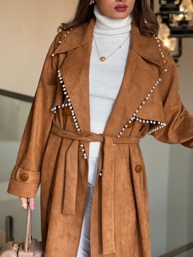 عباية شتوية فاخرة القماش شامواة بني مع شك لولو