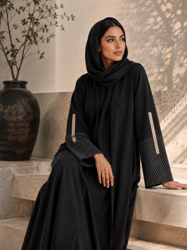 عباية كريب كتان اكمام اسود منقط سحاب بيج