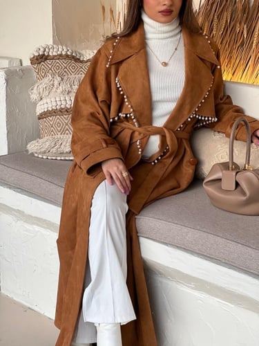 عباية شتوية فاخرة القماش شامواة بني مع شك لولو